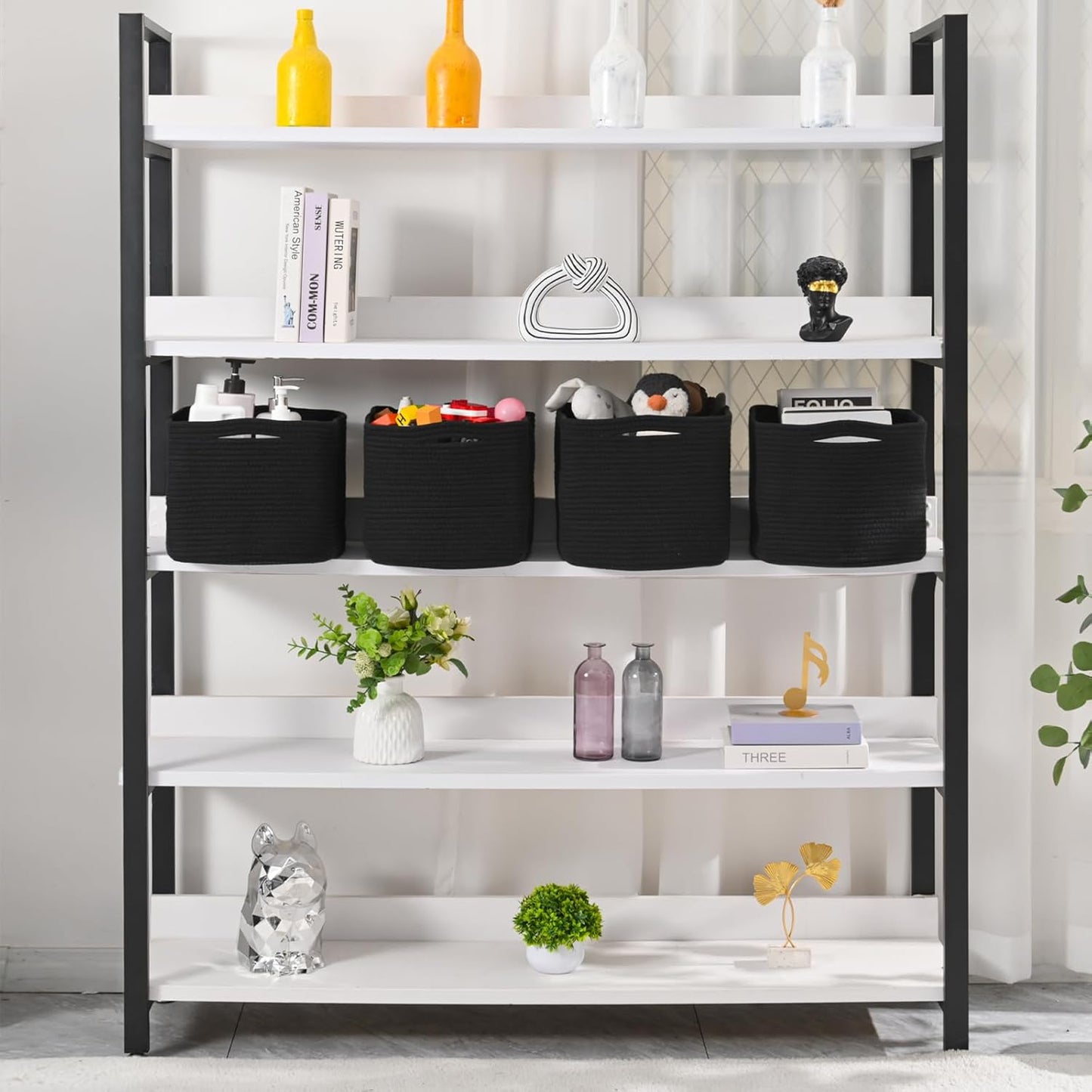 Storage Baskets for Organizing & Shelves, Woven Cotton Rope Organization Bins for Dog Toys, Clothes, Books, Nursery Organizer, 15" Lx11''Wx9.5''H, (4 Packs) Black