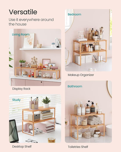 SONGMICS Cabinet Organizer Shelf, Set of 2 Kitchen Counter Shelves, Kitchen Storage, Spice Rack, Stackable, Expandable, Metal and Engineered Wood, Apricot UKCS200Y01