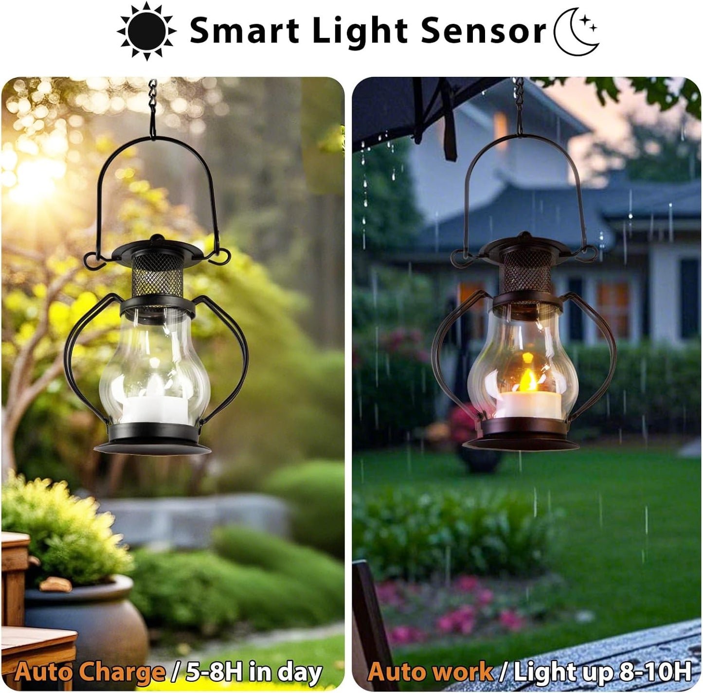 Solar Hanging Lanterns Outdoor Waterproof, Vintage Mini Metal Lantern with Flickering Solar Powered Tea Lights, Perfect Chargeable Solar Lights for Backyard Patio Garden Fence Tree Decoration-4Pack