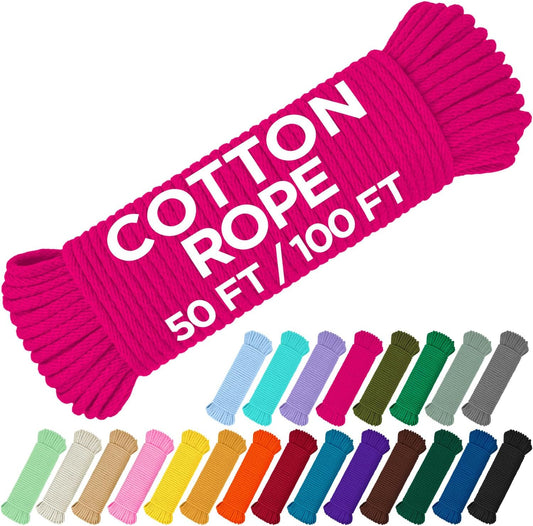 TECEUM Cotton Rope 3/16” (5 mm) – 100 FT – Strong All-Purpose Braided Rope – Natural Cotton – for Crafting, Сamping, Clothes Line, DIY, Indoor & Outdoor Use – Bright Pink