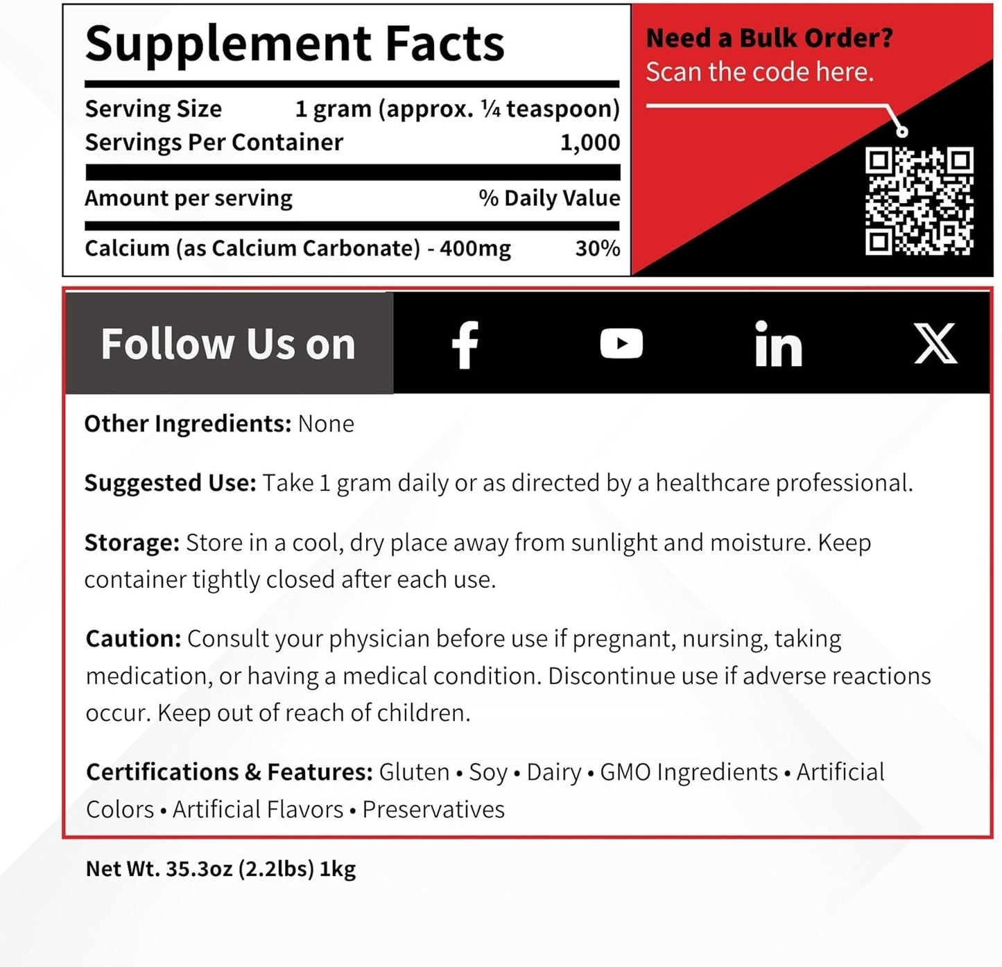 Calcium Carbonate Powder - Bulk 1 kg (2.2 lb) - 100% Pure Food Grade Limestone Supplement Ingredient - Wine Deacidification & Anticaking Antacid Excipient - Chalk Paint Filler Whiting Window Treatment