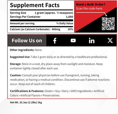 Calcium Carbonate Powder - Bulk 1 kg (2.2 lb) - 100% Pure Food Grade Limestone Supplement Ingredient - Wine Deacidification & Anticaking Antacid Excipient - Chalk Paint Filler Whiting Window Treatment