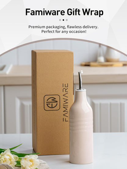famiware Jupiter 16oz Ceramic Olive Oil Dispenser Bottle, 1 Piece Oil Dispenser for Kitchen with Stainless Steel Pourers, Suitable for Storage Vinegar, Soy Sauce, Coffee Syrup, Light Pink