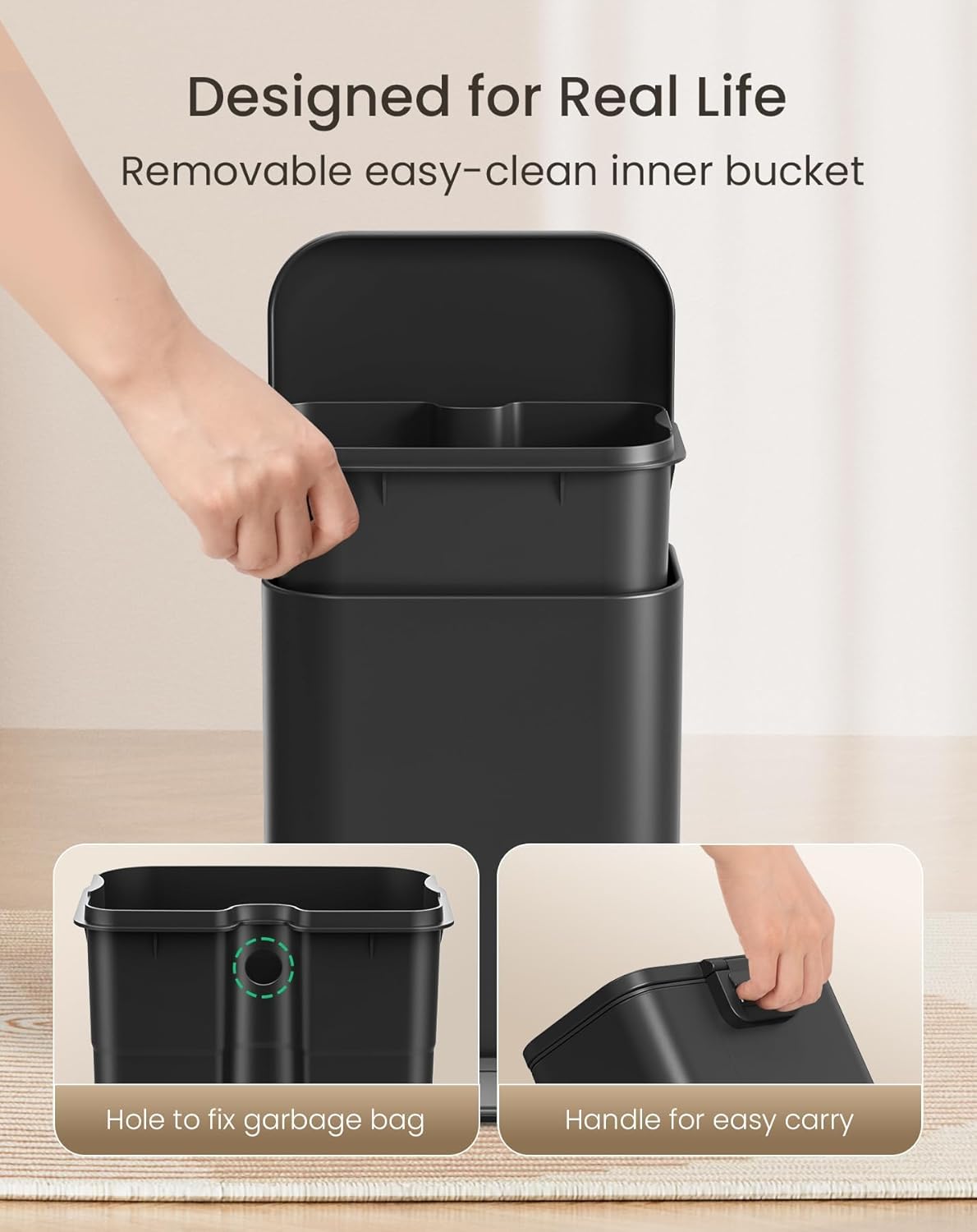 Cesun Small Bathroom Trash Can with Lid-1.3 Gal, Outdoor Stainless Steel Garbage Can for Dog Poop with Anti-Slip Base, for Bathroom, Bedroom, Office, RV, Living Room, Black