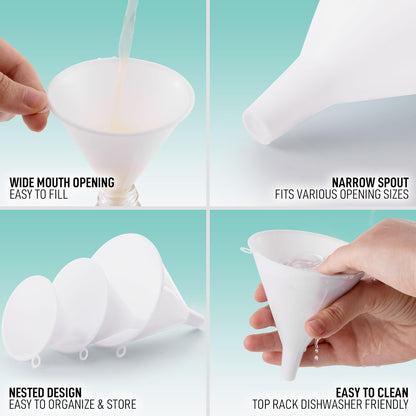Zulay Kitchen 3-Piece Plastic Funnel Set - Large, Medium, and Small Kitchen Funnels Pouring Spout - for Filling Bottles Water Liquid, Protein Powder, Food Grade Cooking, Drink, Paint, Lotion, Kids