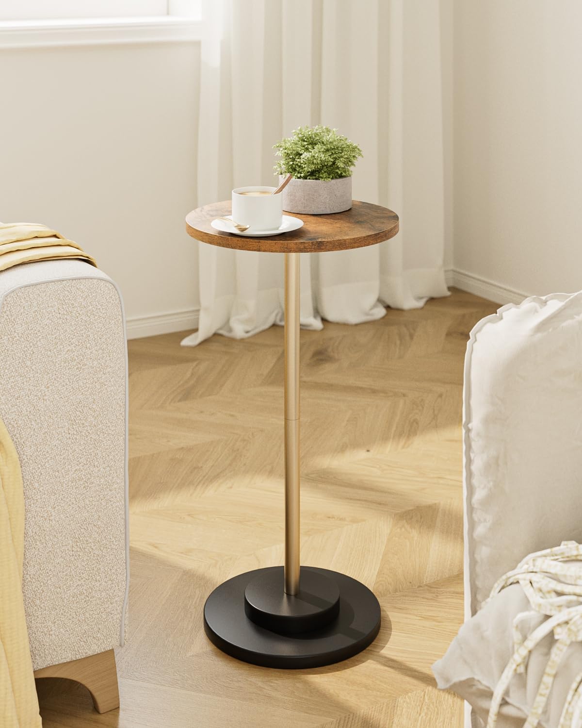 Masupu Drink Table, Round Side Table for Small Spaces, Pedestal Small End Table with Metal Base, for Living Room, Bedroom, Bathroom, Rustic Brown