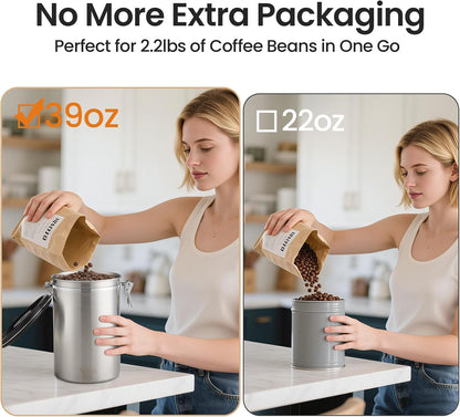 Veken Coffee Canister, 39OZ Large, Airtight Stainless Steel Food Storage Container for 2.2lbs Coffee Beans, Ground, Sugar, Tea, Flour, Rice, Cereal, Cookies Jars, Bar Accessories & Gifts, Silver