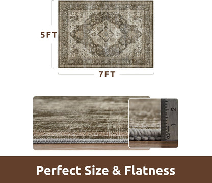 AMOAMI-Area Rug 5X7 Rugs for Living Room-Vintage Soft Coffee&Brown Rugs for Bedroom-Non Slip Carpet-Machine Washable Rug for Dining Room Living Room Bedroom Office Under Table