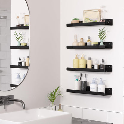 upsimples Acrylic Shelves for Wall Decor, 15" Display Shelf Perfume Organizer for Bathroom, Bedroom, Living Room, Floating Bookshelves for Kids, Black, 4 Pack