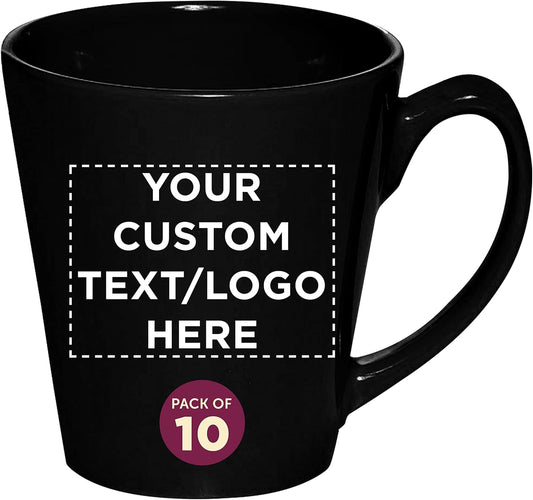 DISCOUNT PROMOS Custom Glossy Ceramic Latte Coffee Mug 12 oz. Set of 10, Personalized Bulk Pack - Perfect for Tea, Espresso, Cappuccino, Hot Cocoa - Black