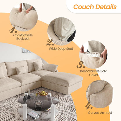 JACH Sectional Couches for Living Room, Cloud Sectional Couch with Deep Seat, Love Seat Modular Sofa with Chaise Ottoman, Covers Removeable & Washable, Sofas Furniture for Living Room, Khaki