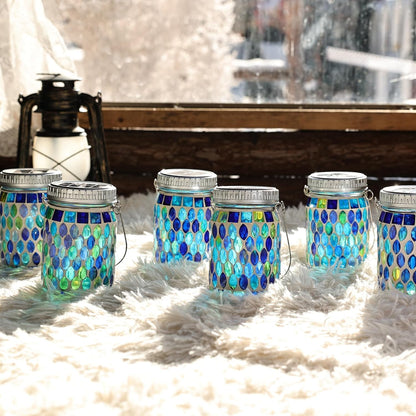 Cooo 2 Pack Mosaic Lanterns Outdoor Waterproof with 215% Larger Solar Panel, Never Rust Lids, True Capacity Battery- Solar Mason Mosaics Jar Lantern for Patio Garden Yard Balcony Hanging or Table