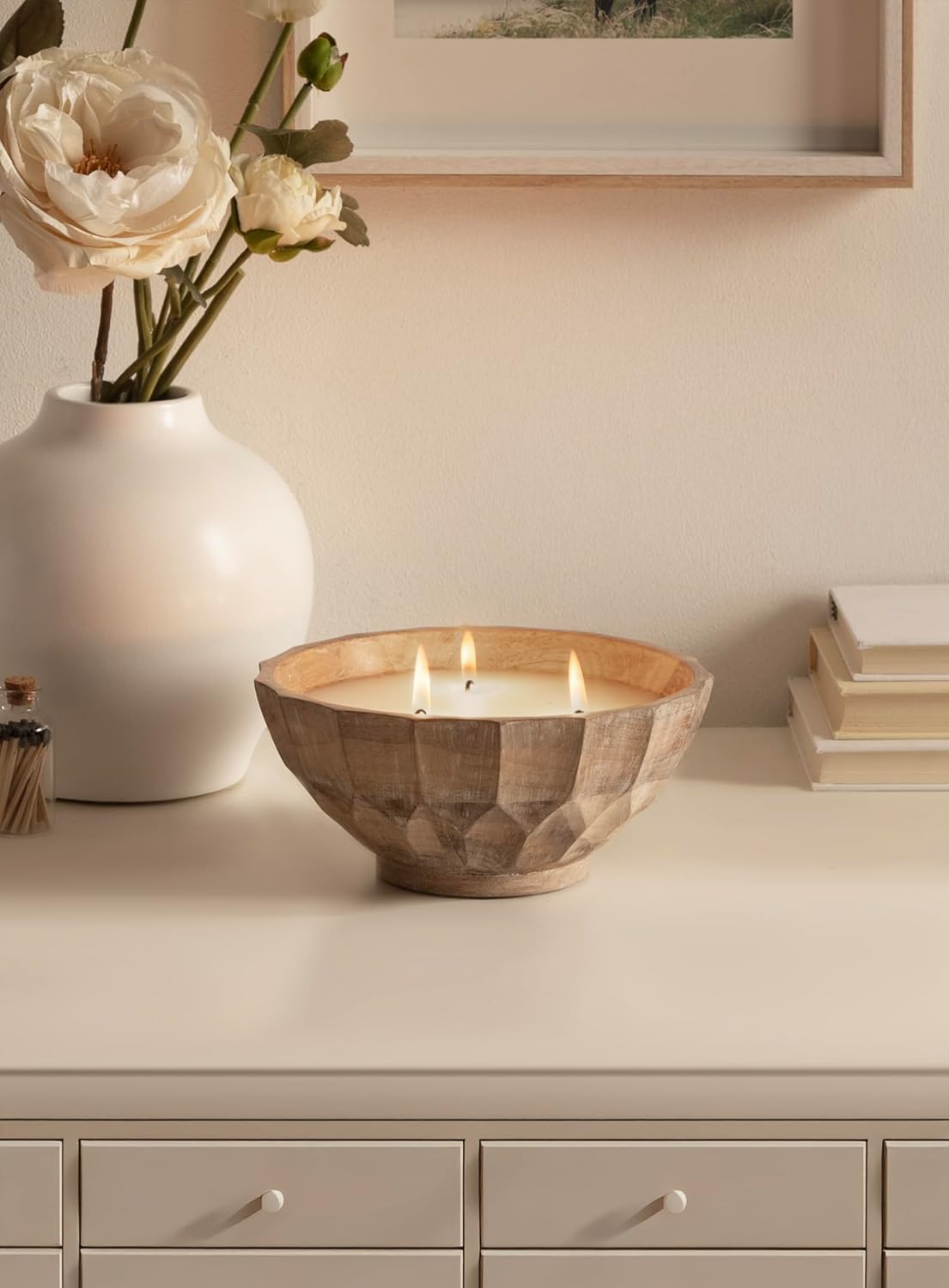 Kate and Laurel Plete Round Pleated Wood Candle Bowl, 8 Inch Diameter, Light Natural, Modern Scalloped Three-Wick Unscented Candle with Decorative Bowl for Living Room Decor