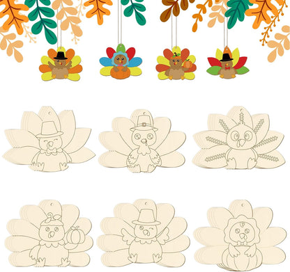 24 PCS Unfinished Wooden Thanksgiving Crafts, Turkey Shaped Hanging Ornaments DIY Wood Craft Cutouts for Thanksgiving Party Decor (Turkey)
