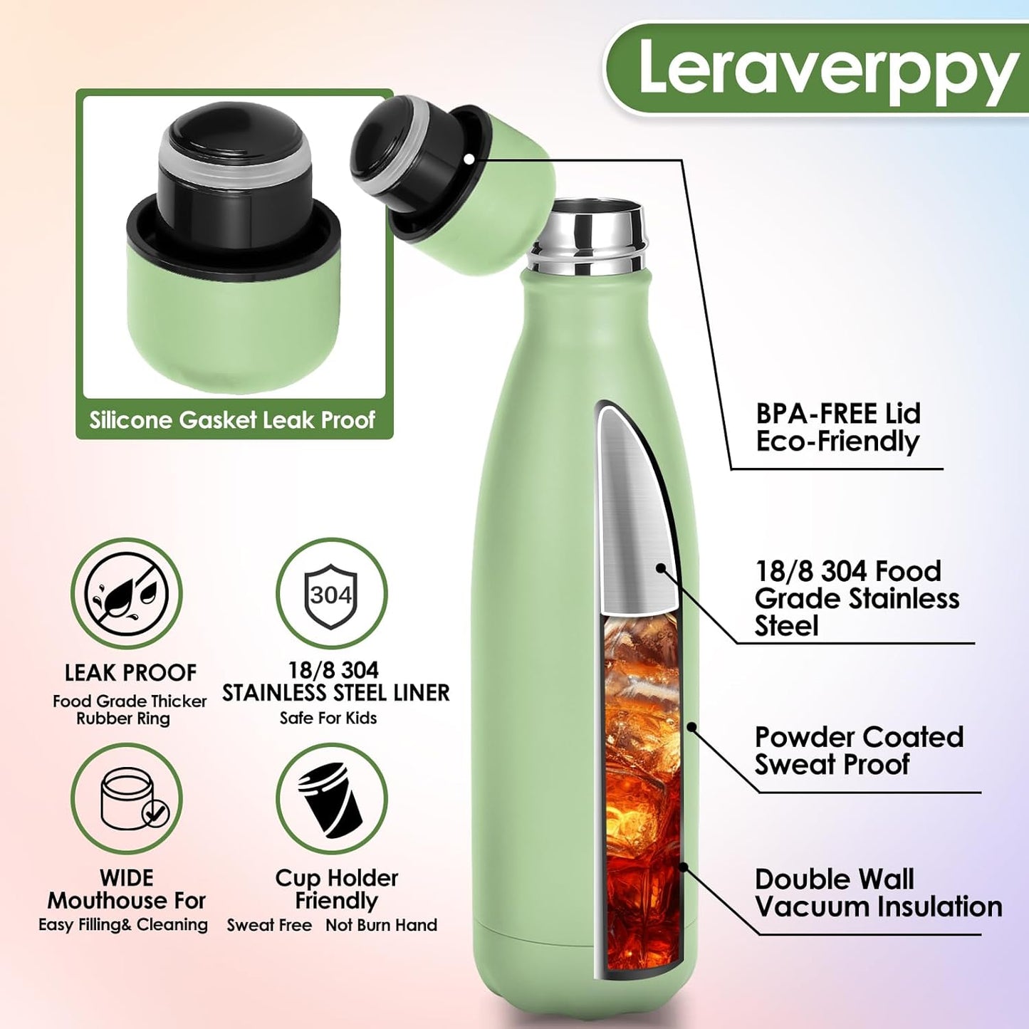 25oz Cola-Bottle Shaped Stainless Steel Leak-proof Water Bottle,Double Wall Vacuum Insulated Metal,Travel Mug For Sports Indoors & Outdoors,BPA-Free School Kids Flasks,Green(2 Pack)