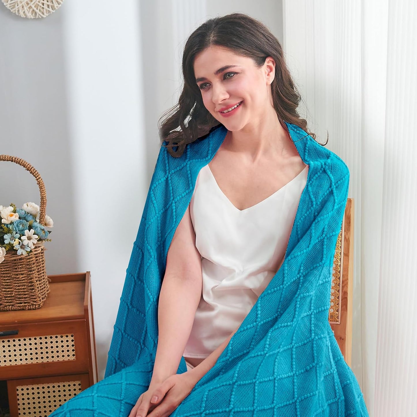 inhand Teal Throw Blanket for Couch and Bed, Soft Living Room Home Decor Knitted Blanket with Tassel, Outdoor Lightweight Breathable Summer Blanket, Farmhouse Warm Woven Decorative, 50"x60"