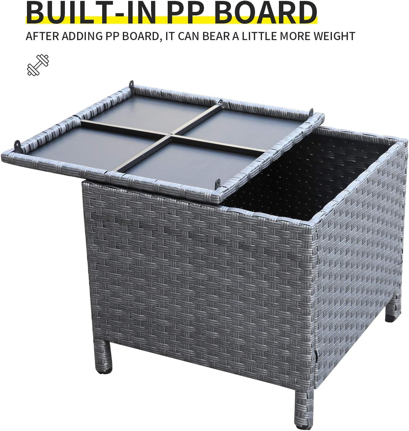 Outdoor Wicker Storage Side Table, Patio Grey PE Rattan End Table with Storage, Square Container for Furniture Covers, Toys, and Gardening Tools