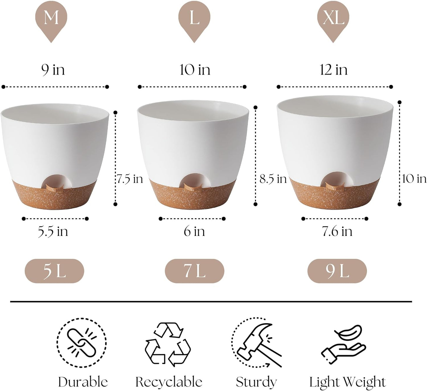 Giraffe Creation Plant Pots Set of 3 (12/10/9 inch), Self-Watering Indoor & Outdoor Flower Planters with Drainage Hole and Reservoir, White