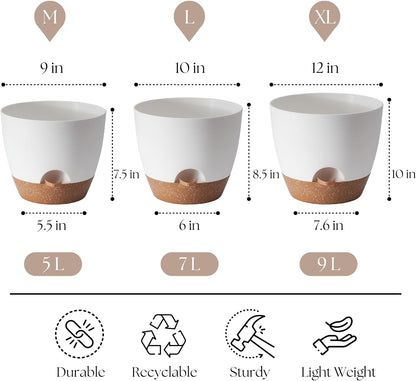 Giraffe Creation Plant Pots Set of 3 (12/10/9 inch), Self-Watering Indoor & Outdoor Flower Planters with Drainage Hole and Reservoir, White