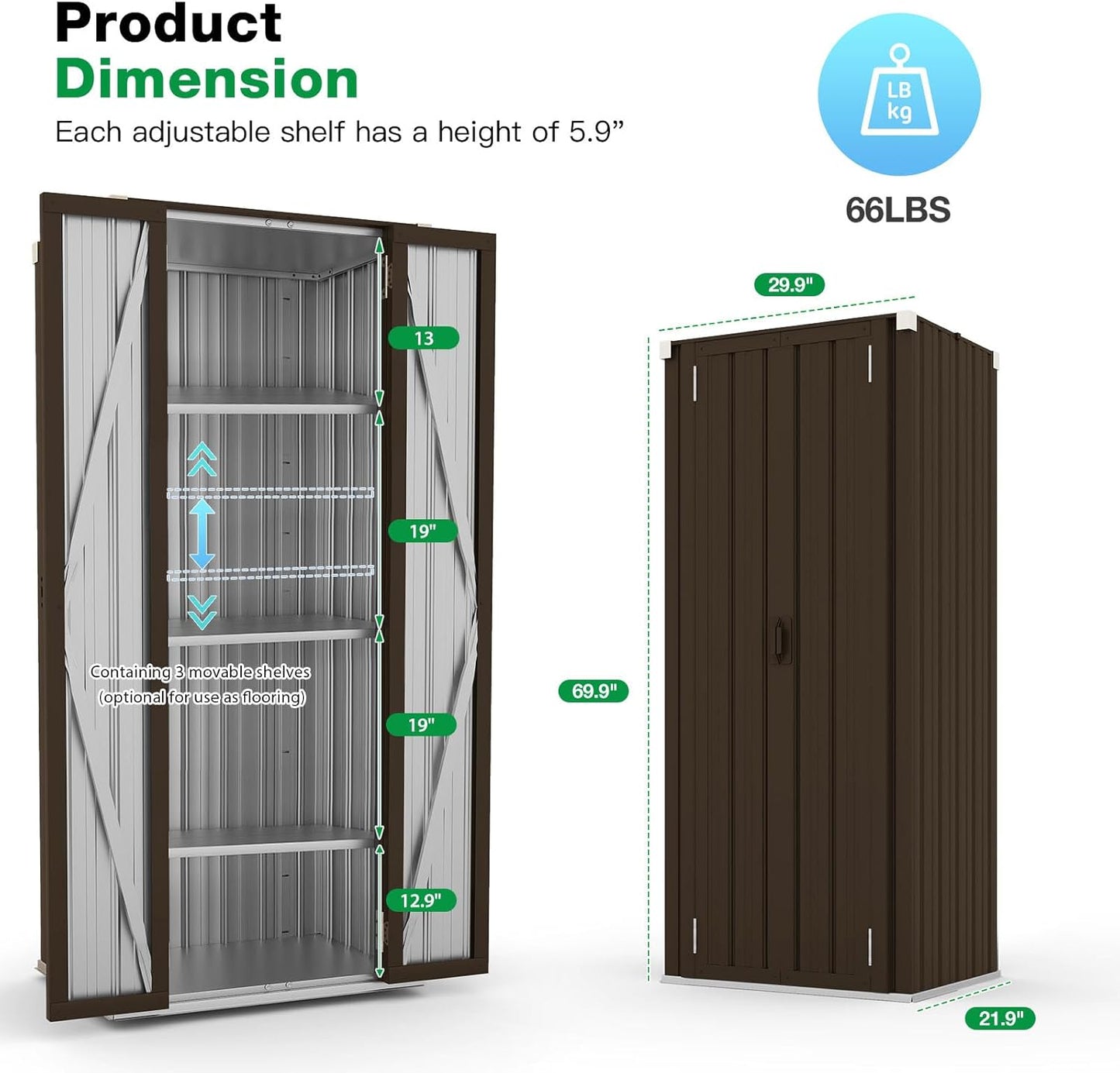 AECOJOY Outdoor Storage Cabinet Waterproof with Shelves, Vertical Tall Garden Outdoor Cabinet, Sheds & Outdoor Storage Clearance Cabinet Weatherproof for Outside in Brown
