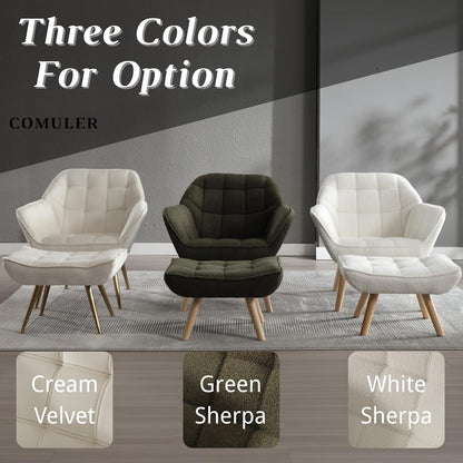 Green Sherpa Accent Chair with Ottoman ，Modern Reading Chair with Ottoman Set, Comfy Fuzzy Armchair Living Room Chair Lounge Chair with Wood Legs for Small Spaces Bedroom Apartment