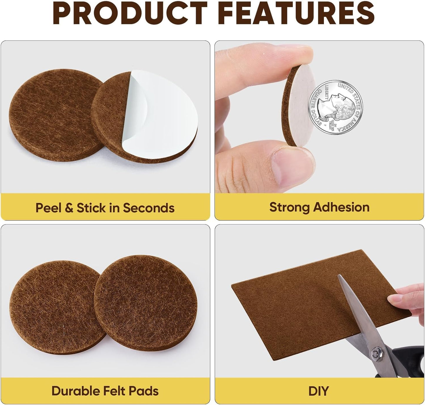 BALEINE 300PCS Felt Furniture Pads, Multi-Size Felt Pads for Chair Legs, Tables, Beds, Scratch-Reducing Floor Protectors for Hardwood Floors, Tile, Vinyl, and Laminate (300PCS, Brown)