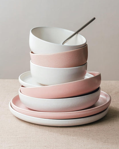 Famiware Milkyway Plates and Bowls Sets, 12 Pieces Dinnerware Sets, Reactive Glaze Dish Set, Stoneware Dishes Set for 4, Matte White & Light Pink