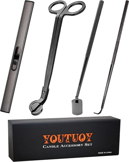 4 in1 Candle Accessory Set with Rechargeable Candle Lighter, Candle Wick Trimmer, Candle Wick Snuffer, Candle Wick Dipper, Candle Care Kit (Silver Black)
