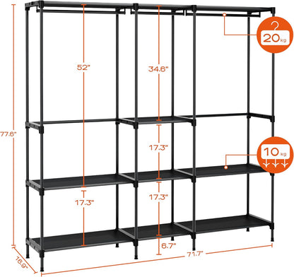 Clothes Rack, Portable Closet, 71.7 Inch Large Capacity Wardrobe Closet, Clothes Storage Organizer with Shelves and 3 Hanging Rods, Easy to Assembly, Black PCT035B01