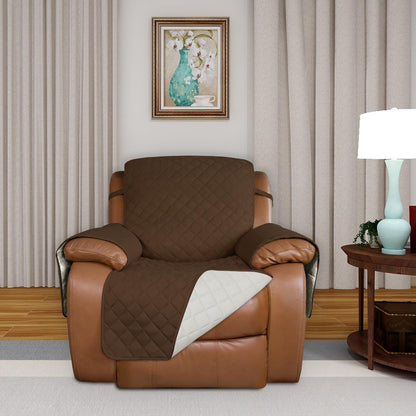 PureFit Reversible Quilted Sofa Cover, Water Resistant Furniture Protector, Washable Couch Cover with Non Slip and Elastic Straps for Kids, Dogs, Pets (Oversized Recliner, Coffee/Ivory)