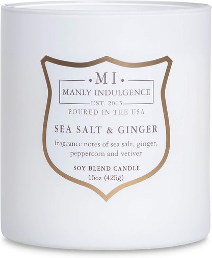 Manly Indulgence Sea Salt & Ginger Scented Candles for Men, 15 oz Wooden Wick, Premium Soy Blend Wax, 60H Burn, Candles for Home Scented - Made in The USA