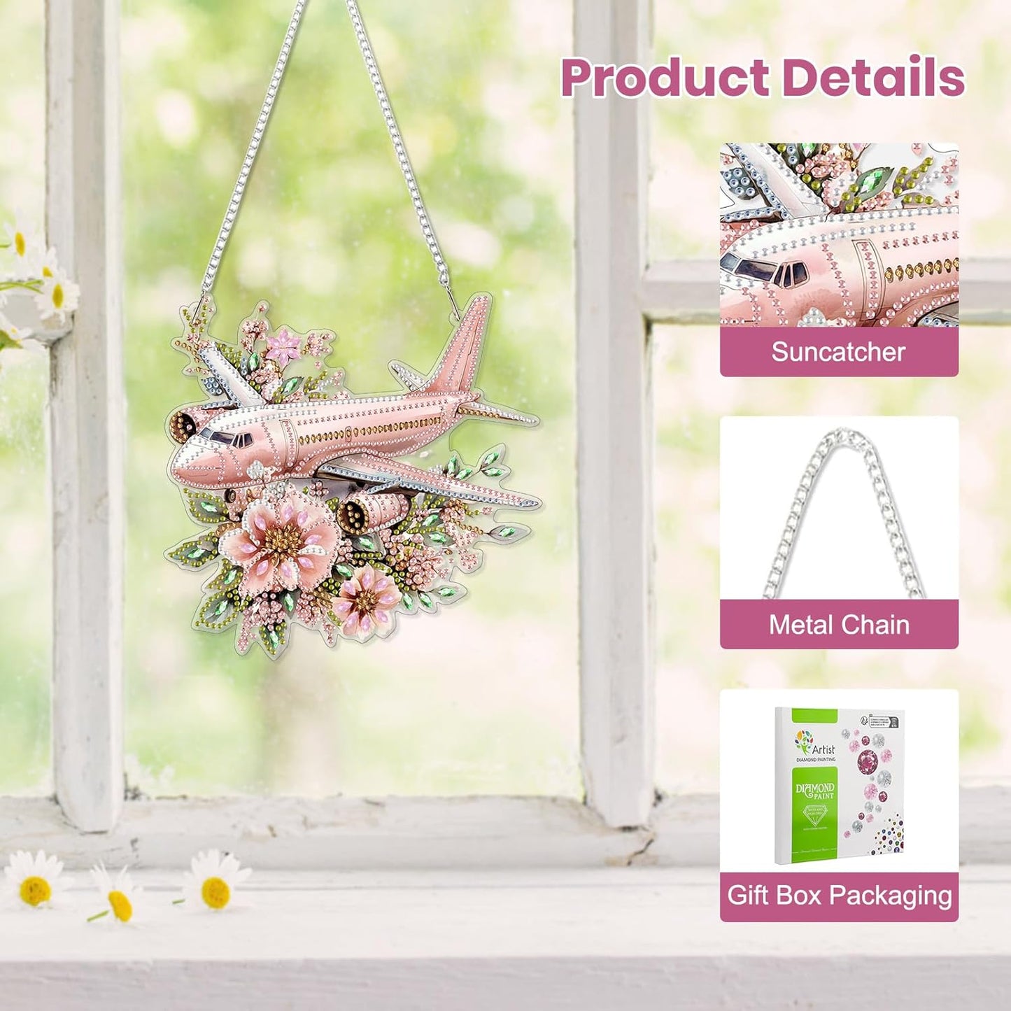 EOBROMD Diamond Hanging Art Kits for Adults, Diamond Art Painting Plane Flower Window Pendant Kits Suncatchers, DIY Special Shaped Rhinestone Adults, Home Wall Decor