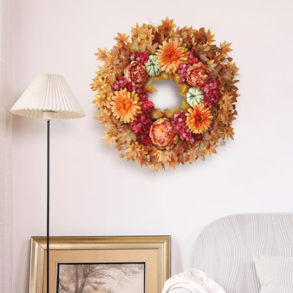 26" Fall Wreath for Front Door - Large Artificial Maple Leaves Fake Silk Peony Faux Pumpkin Outdoor Wreath for Porch, Window,Farmhouse,Home,Thanksgiving Day Harvest Festival Autumn Decor
