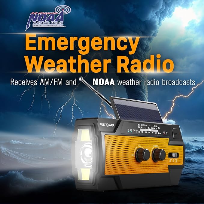 FosPower NOAA Emergency Weather Radio A3 14800mWh Portable Power Bank, AM/FM, USB/Solar/Hand Crank Charging, SOS Alarm & Flashlight for Indoor/Outdoor Emergency - Orange