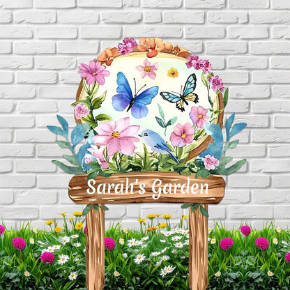 Personalized Watercolor Garden Metal Sign with Stake,Custom Gardener Last Name Signs Outdoor Decor,Customized Birds Gardening Gifts for Mom,Butterfly Flowers Plaques for Patio Lawn Porch Yard Garage