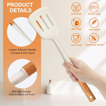 Silicone Cooking Utensils Set, 6 Pack Large Kitchen Utensils Set with Wooden Handle, Heat Resistant Silicone Utensil Spatula Set for Nonstick Cookware, Spatula, Turner, Spoon, Ladle BPA Free (White)