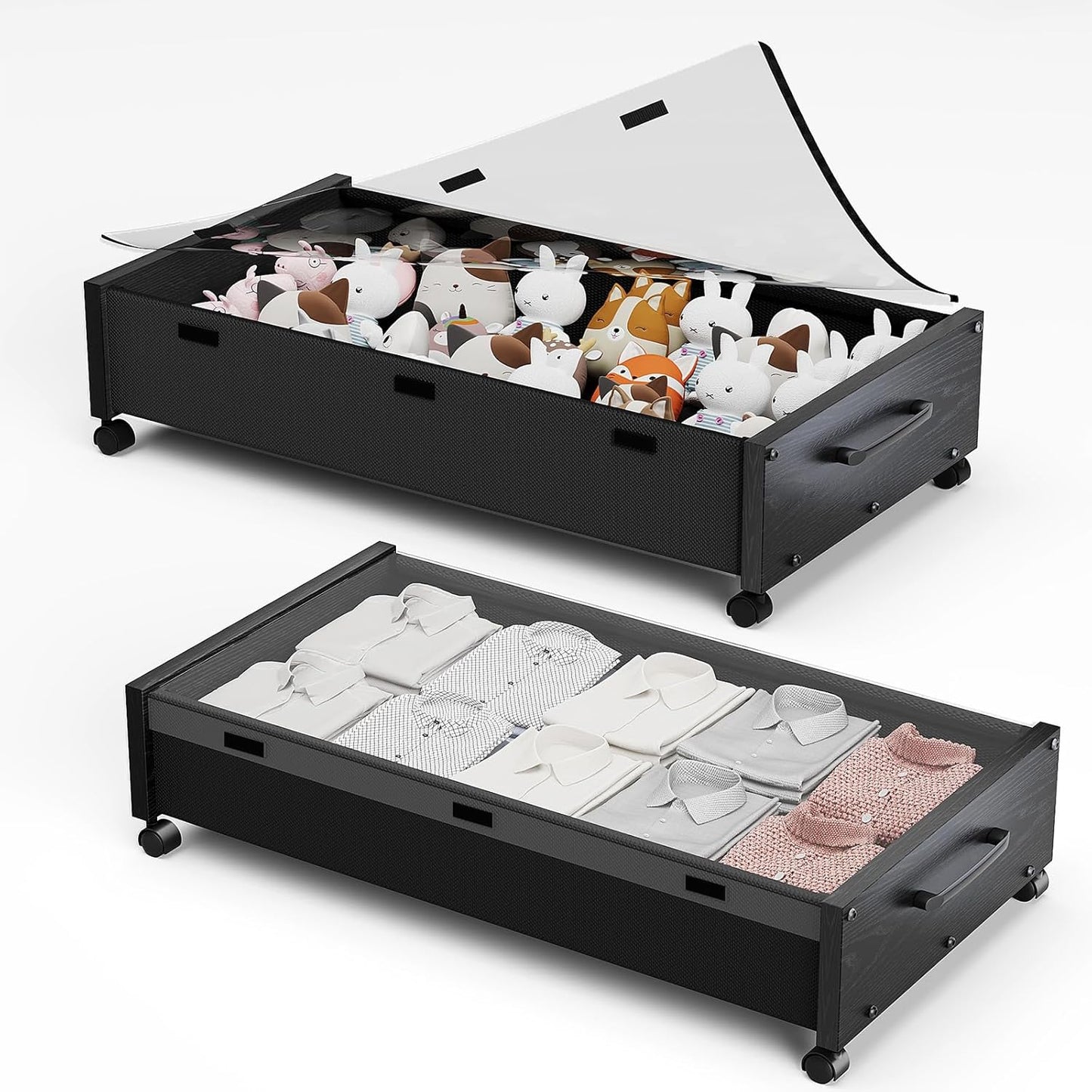 Wooden Under Bed Storage with Wheels, Rolling Under the Bed Storage Bins with Removable Lid, Metal Under Bed Drawers for Clothes and Shoes in Bedroom or Living Room(Black Wood-2pack)
