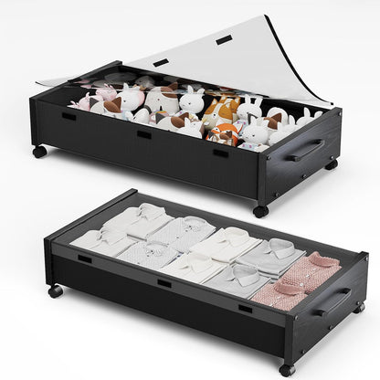 Wooden Under Bed Storage with Wheels, Rolling Under the Bed Storage Bins with Removable Lid, Metal Under Bed Drawers for Clothes and Shoes in Bedroom or Living Room(Black Wood-2pack)