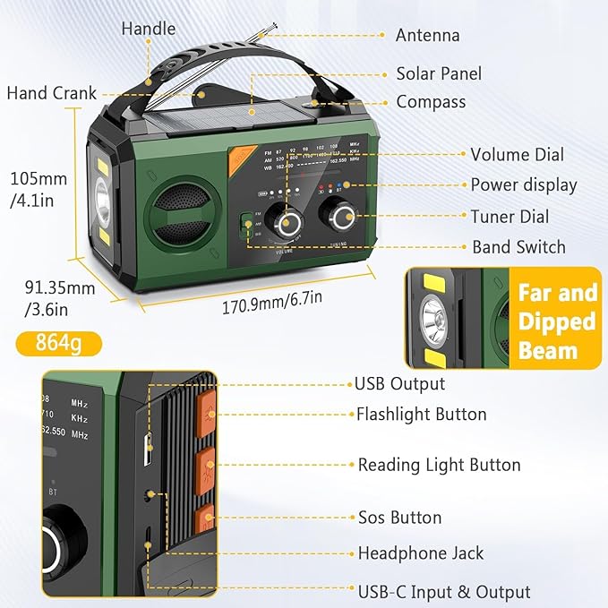 30000mAh Emergency Weather Radio with Wireless Speaker, 111000mWh NOAA/AM/FM Hand Crank Solar Radio with Flashlight Cell, Phone Charger, Compass, Reading Lamp, SOS Alarm