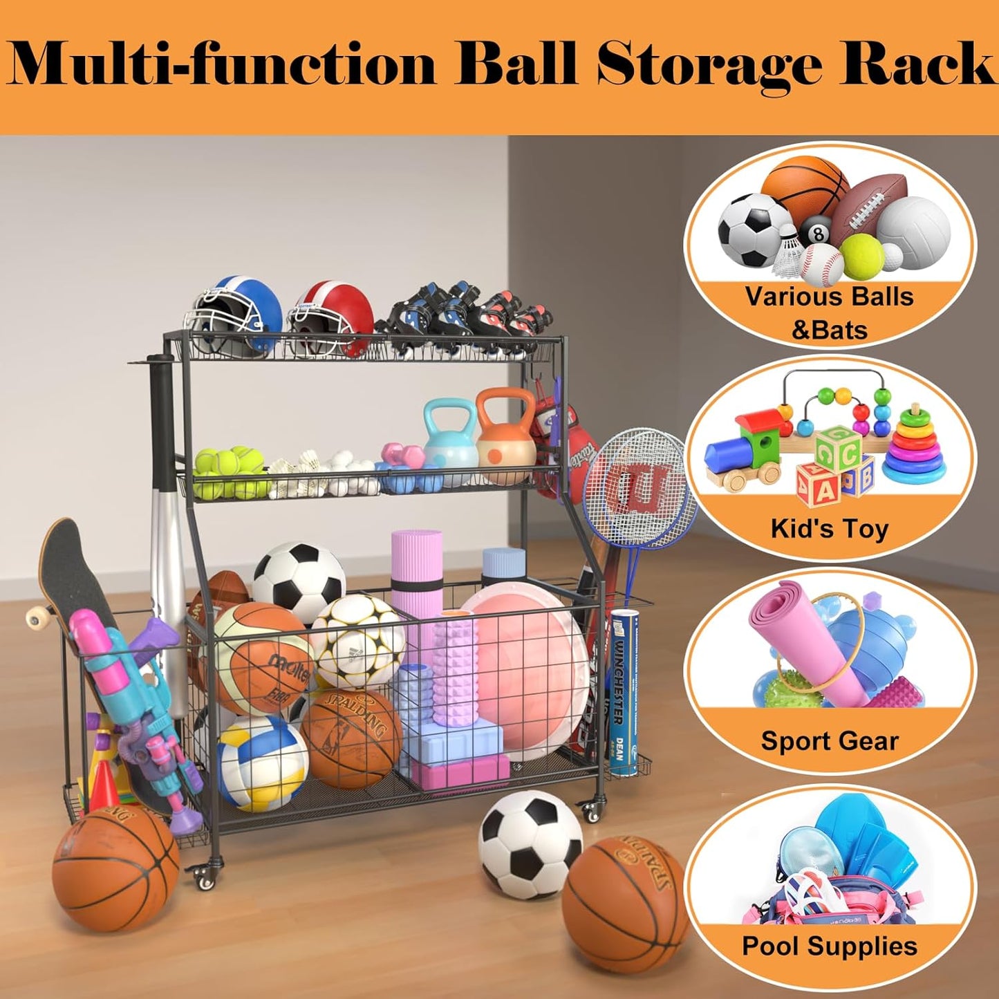 Sports Equipment Organizer, Garage Ball Storage Racks - Outdoor Toy Storage with 2 Side Racks & Removable Baskets, Heavy-Duty Garage Rolling Ball Cart with Wheels, Hooks for Toys, Sports Gear