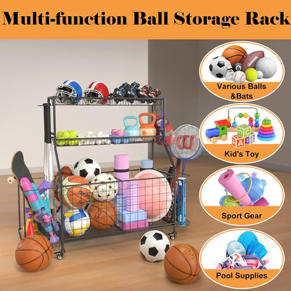 Sports Equipment Organizer, Garage Ball Storage Racks - Outdoor Toy Storage with 2 Side Racks & Removable Baskets, Heavy-Duty Garage Rolling Ball Cart with Wheels, Hooks for Toys, Sports Gear
