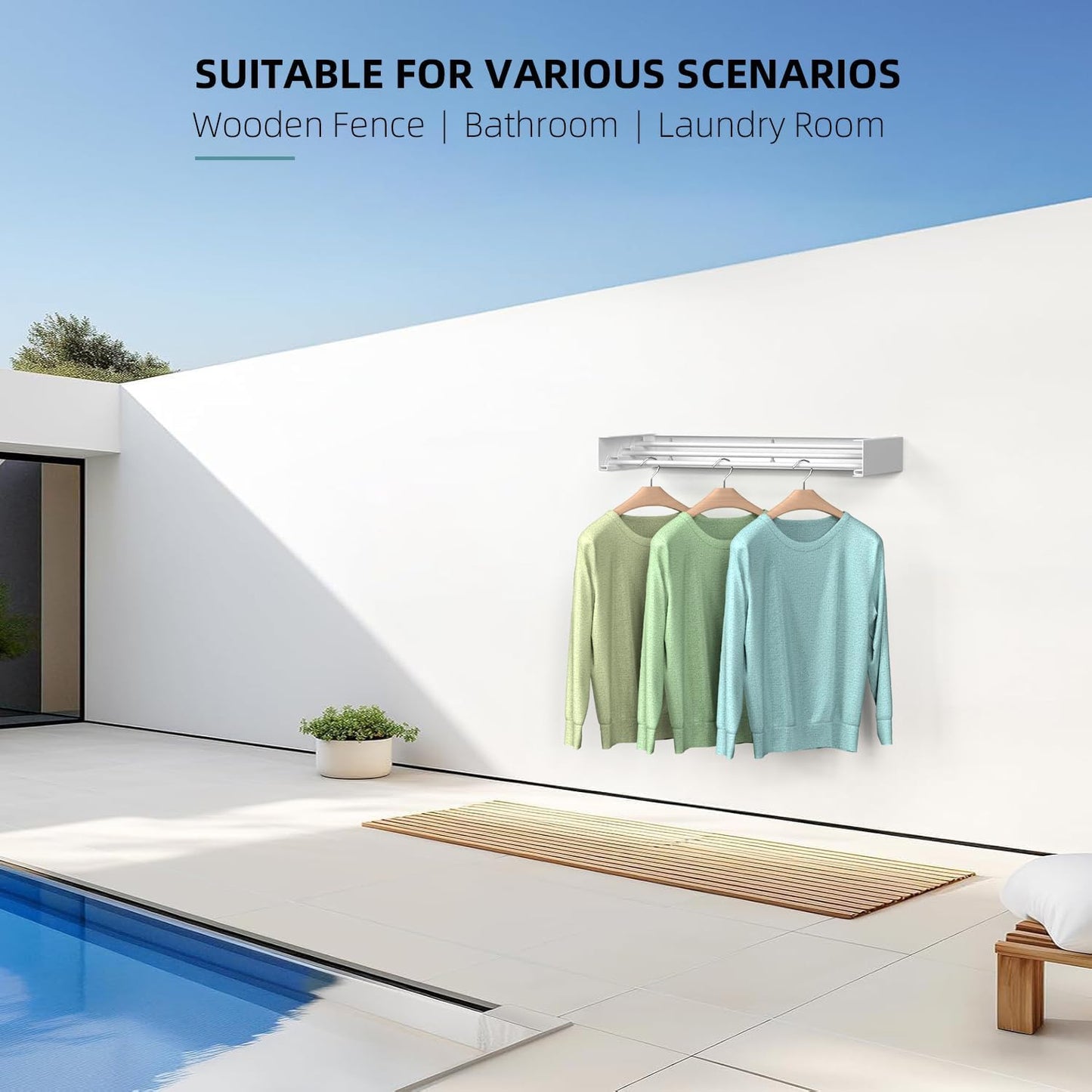 Laundry Drying Rack Collapsible, Wall Mounted Clothes Drying Rack Wall, Space Saving Drying Rack for Laundry, 19.8" Wide, 3 Aluminum Rods, 50 lb Capacity