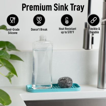 Zulay Kitchen (9x3.5) Silicone Sponge Holder for Kitchen Sink - Flexible Multipurpose Soap Tray Sponge Holder - Sink Organizer Tray for, Bathroom, Makeup, Trinkets & More (Aqua Sky)