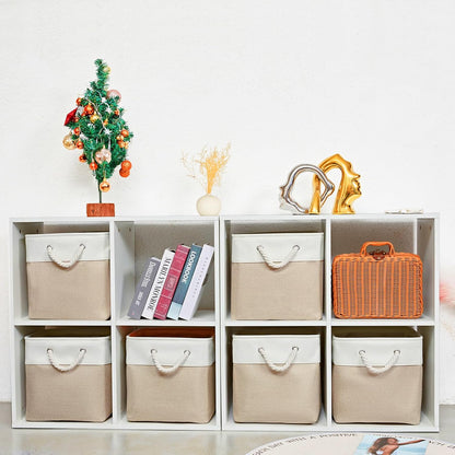 12 x 12 Inch Cube Storage Bins, 6 Pack Large Collapsible Fabric Storage Bin with Ropes, Foldable Storage Cubes for Home, Office,Closet, Clothes, Toys Organizer (White & Beige)