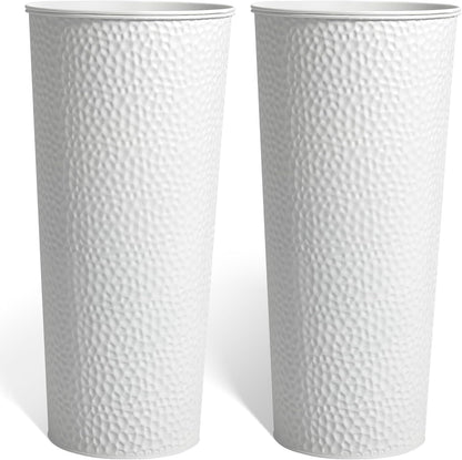 KOL 28" H. Tall Metal Cone Planters with Inner Pots 2-Pack, White Hand-Hammered Large Decor Planter for Deck, Patio, Porch - Handcrafted Flower Pot - with Water Level Indicator - Indoor Outdoor Use