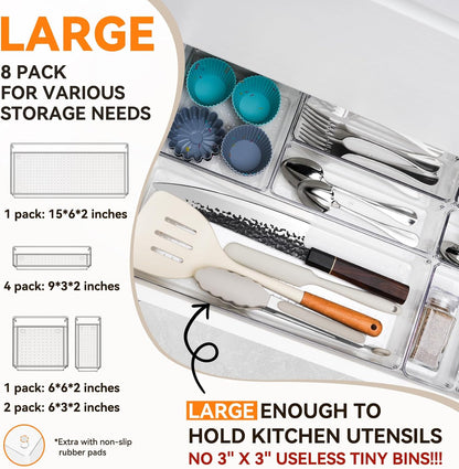 Criusia Utensil Drawer Organizer for Kitchen, 8 Pack Silverware Organizer Utensil Holder, Clear Plastic Drawer Dividers for Flatware, Cutlery, Kitchen Gadgets Accessories, Organizador de Cocina