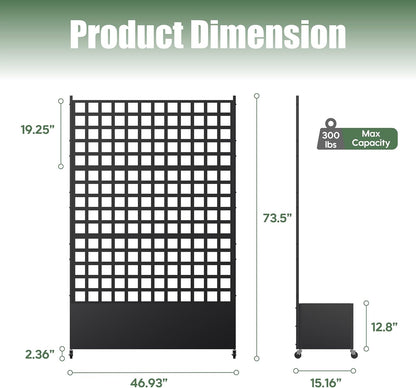 Metal Planter Box with Trellis Privacy Screen, Raised Garden Bed with Lattice Trellis & Wheels, Privacy Planters for Patio, Planter Box for Climbing Plants, Flower, 73"x 47"x 16", Black