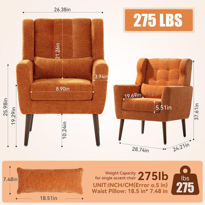 Accent Chair Set of 2, Upholstered Armchair with Pillow, Fabric Single Sofa Chair with Lounge Seat and Wood Legs Accent Chair for Living Room Small Spaces (Orange, Set of 2)