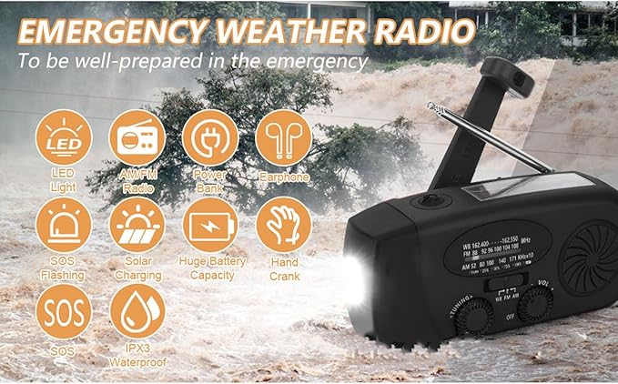 Solar Hand Crank Radio, 6000mAh Portable Emergency FM AM WB Weather Radio with LED Flashlight for Home Outdoor (Black)