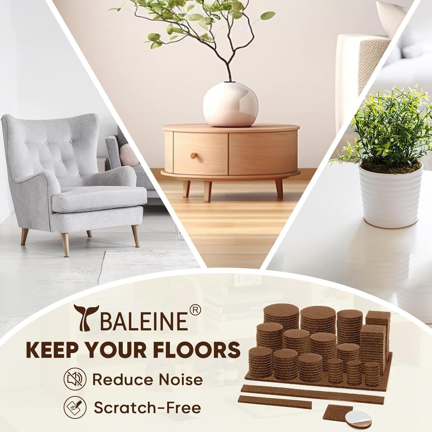 BALEINE 300PCS Felt Furniture Pads, Multi-Size Felt Pads for Chair Legs, Tables, Beds, Scratch-Reducing Floor Protectors for Hardwood Floors, Tile, Vinyl, and Laminate (300PCS, Brown)